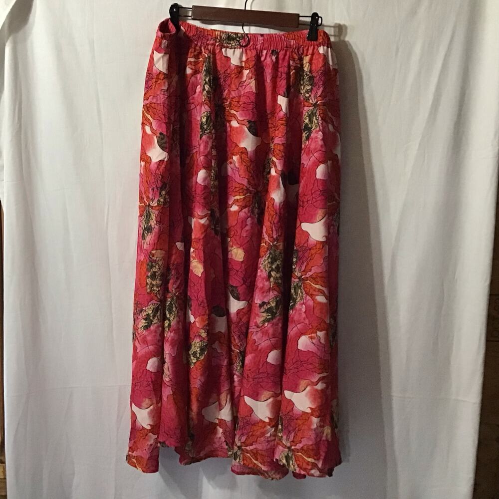 Mod X Bright Pink & Red Floral Romantic Flowy Circle Maxi Skirt 1X